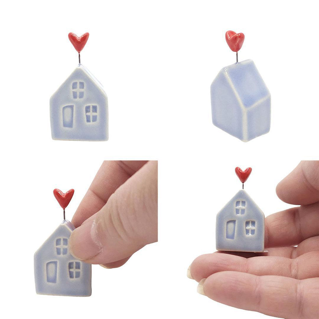 Tiny Pottery House - Light Blue with Heart (Red or Pink) by Tasha McKelvey