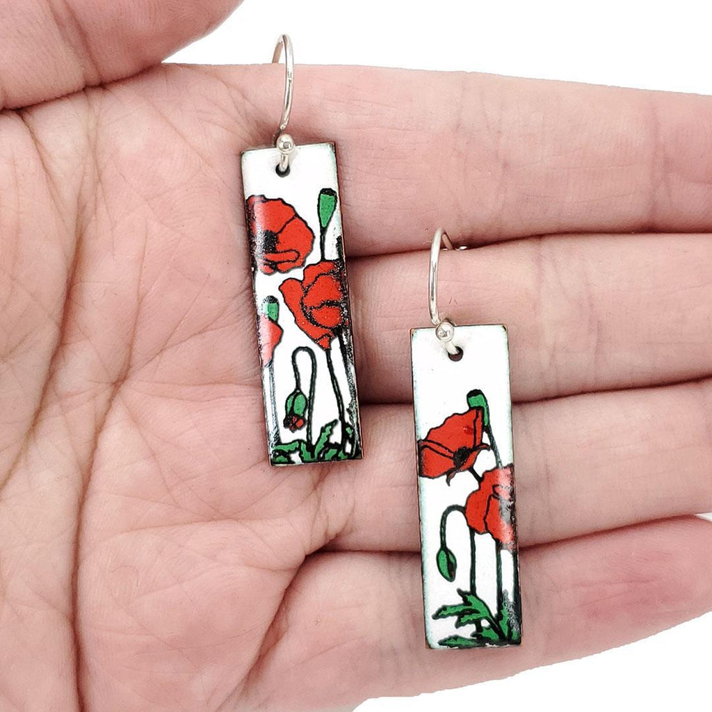 Earrings - Red Poppies Slim Rectangle (White) by Magpie Mouse