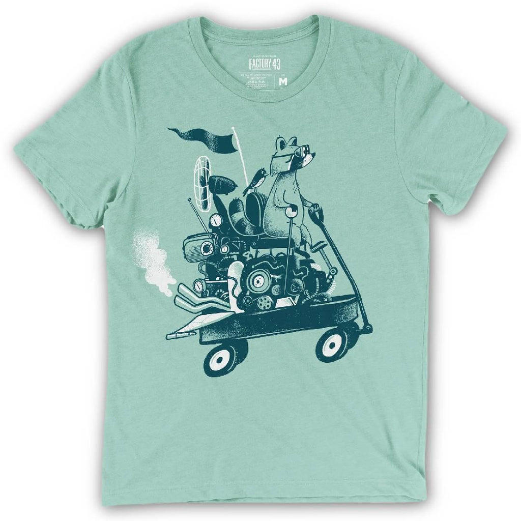 Adult Crew Neck - Wagon Ride Raccoon Heather Dusty Blue Tee (XS - 2XL) by Factory 43