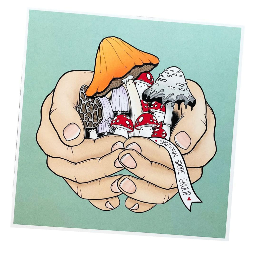 Art Print - 8x8in - Emotional Spore Group (Hands with Mushrooms) by World of Whimm
