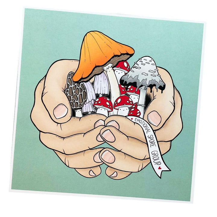 Art Print - 8x8in - Emotional Spore Group (Hands with Mushrooms) by World of Whimm