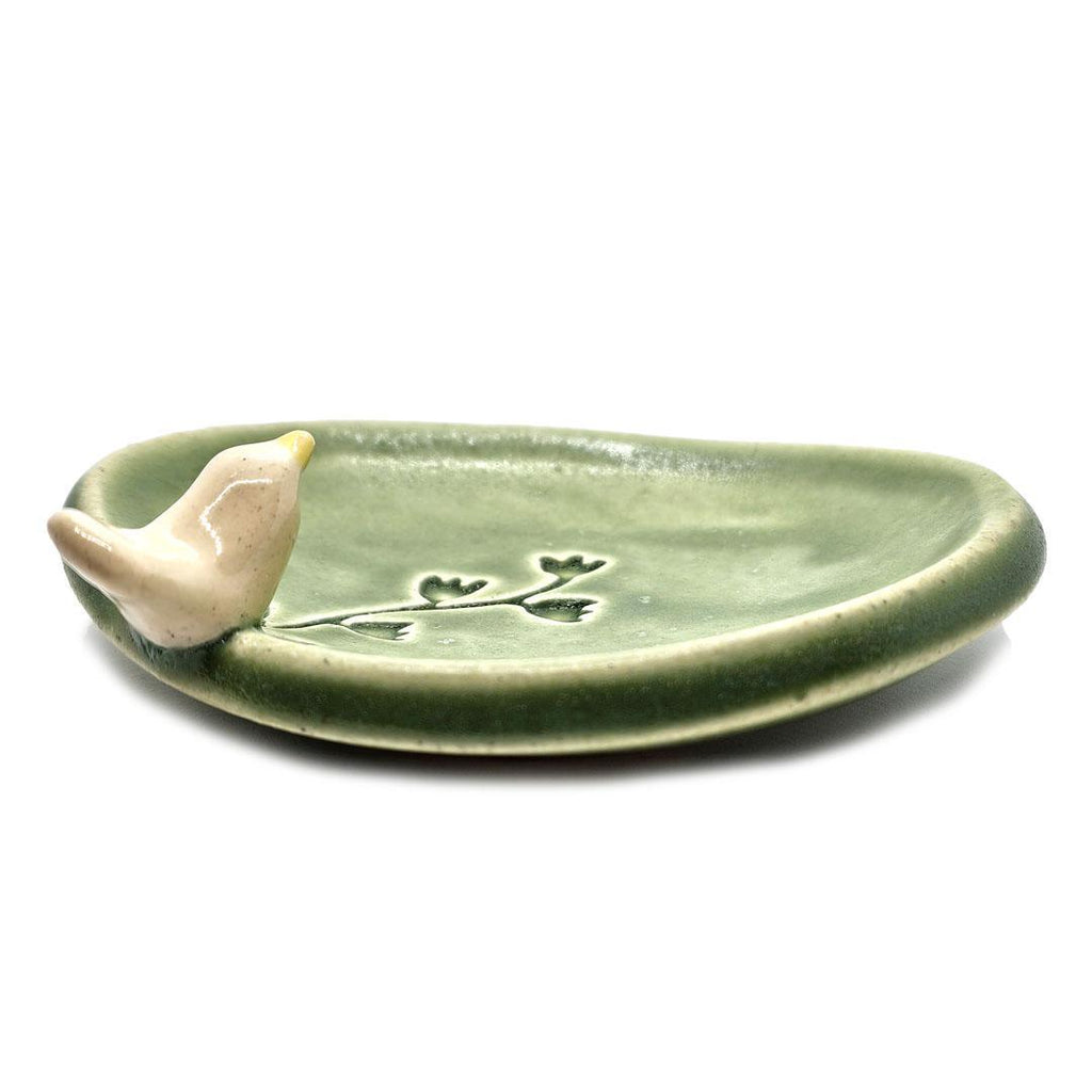 Oval Ring Dish - White Bird with Flowers (Green) by Tasha McKelvey