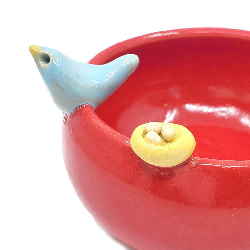 Small Bowl - Red with Nest (Light Blue Bird) by Tasha McKelvey