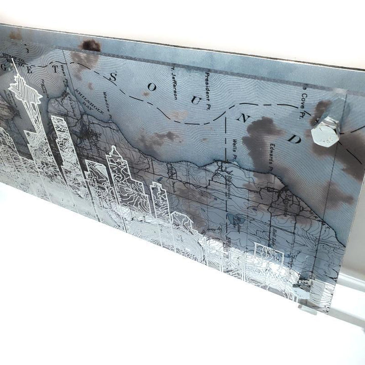 Wall Art - 16x6in - Seattle Skyline Clouds Floating Frame Map by Modern Terrain