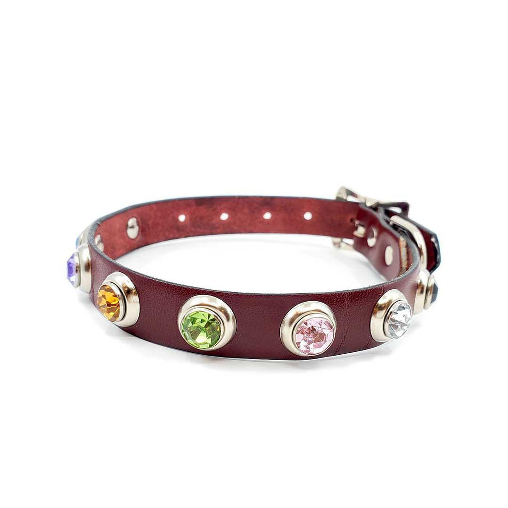 Dog Collar - S - Deep Red with Multicolor Lg Crystals by Greenbelts
