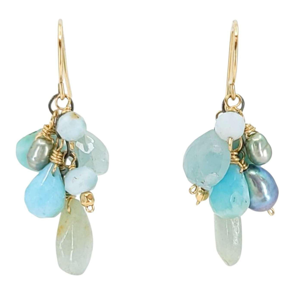 Earrings - Gemstone Clusters (Larimar, Aquamarine, Pearl) by Calliope Jewelry