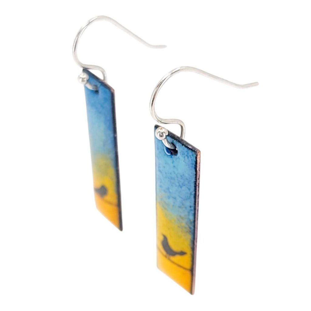 Earrings - Slim Rectangle Birds on Orange and Blue Background by Magpie Mouse Studios