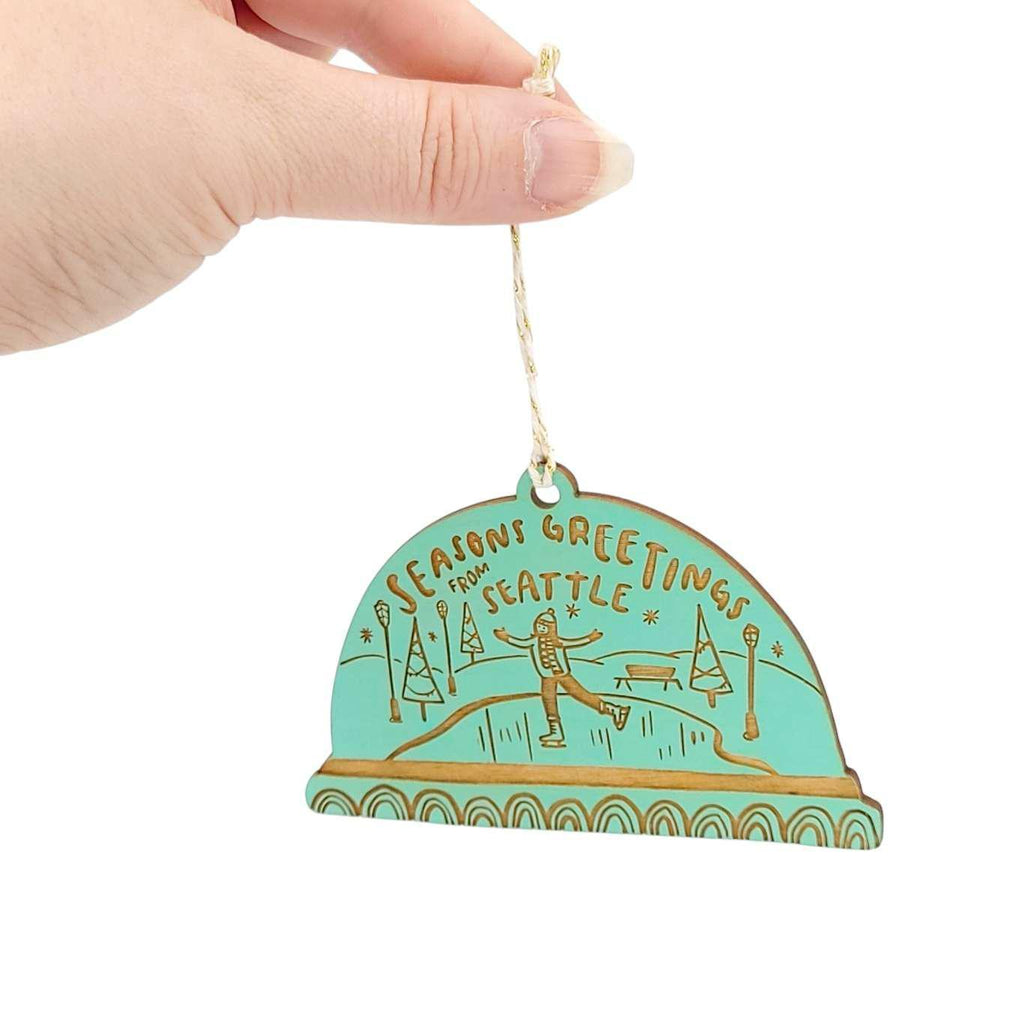 Ornaments - Large - Seasons Greetings from Seattle Snowglobe (Aqua) by SnowMade