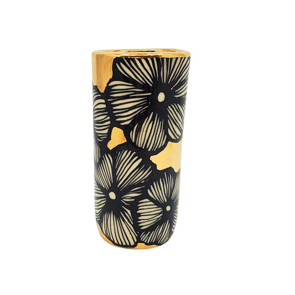 Vase - 4in Floral Cylinder with 22k Gold Solid Background (D) by Hsieh Clay SF