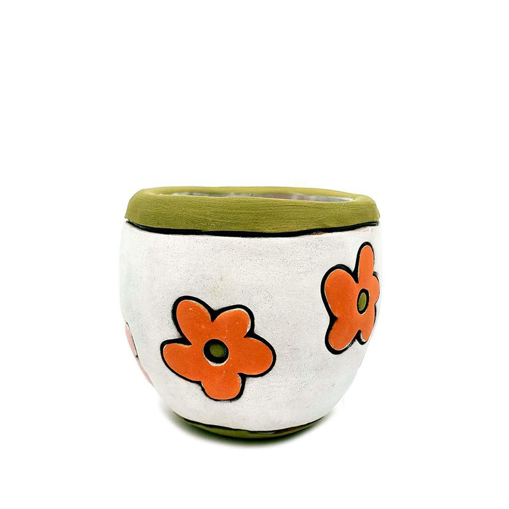 Tiny Cup - 2.5in - Orange Pink Flowers on White by Leslie Jenner Handmade