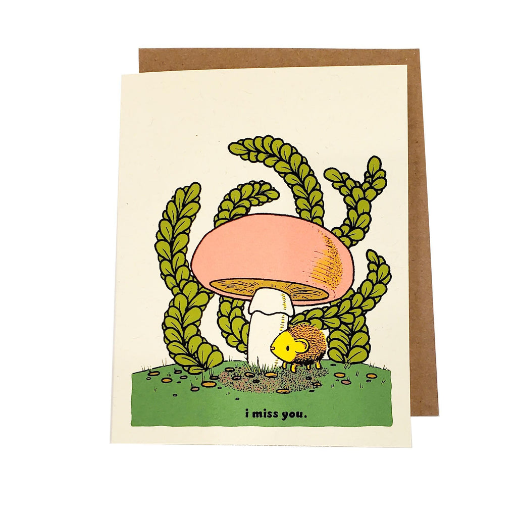Card - I Miss You - Hedgehog Under Mushroom by Everyday Balloons Print Shop