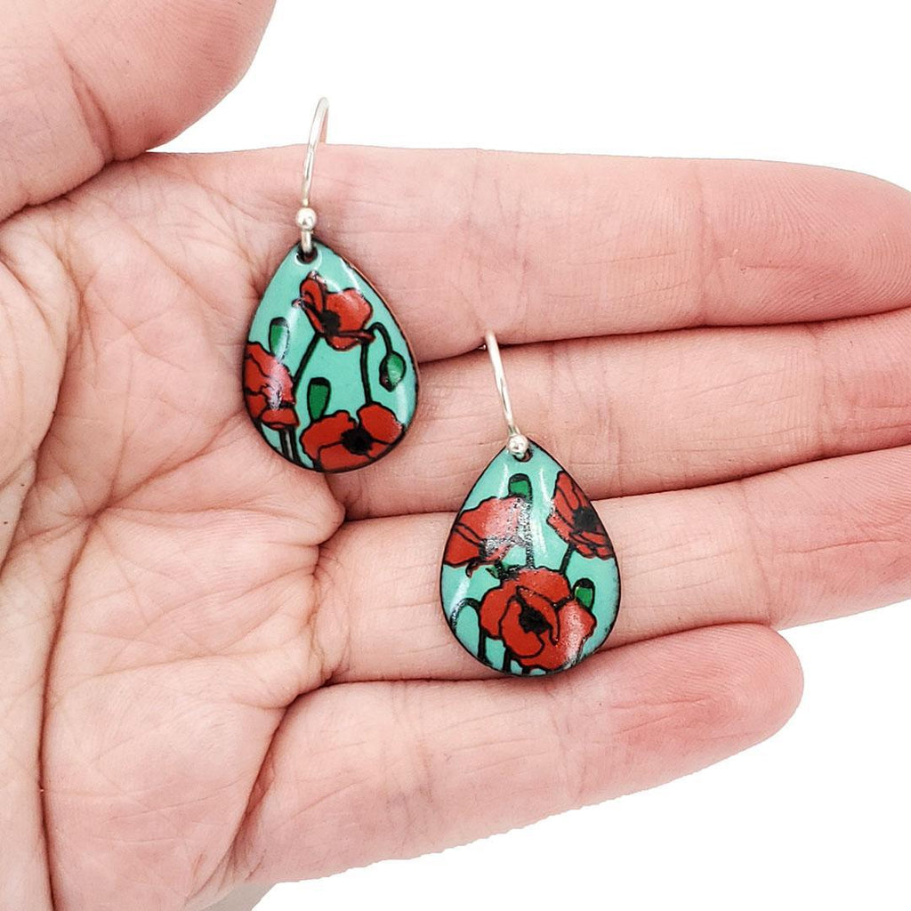 Earrings - Red Poppies Small Teardrop (Turquoise) by Magpie Mouse