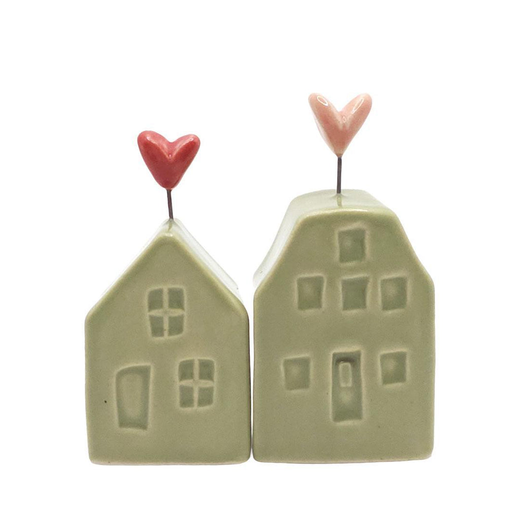 Tiny Pottery House - Grass Green with Heart (Red or Pink) by Tasha McKelvey