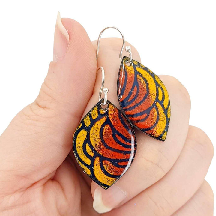 Earrings - Wide Marquise (Red Yellow Petals) by Magpie Mouse Studios