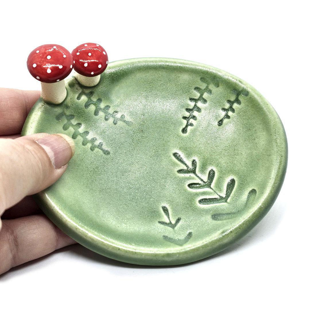 Oval Ring Dish - Red Mushrooms and Fern Fronds (Green) by Tasha McKelvey