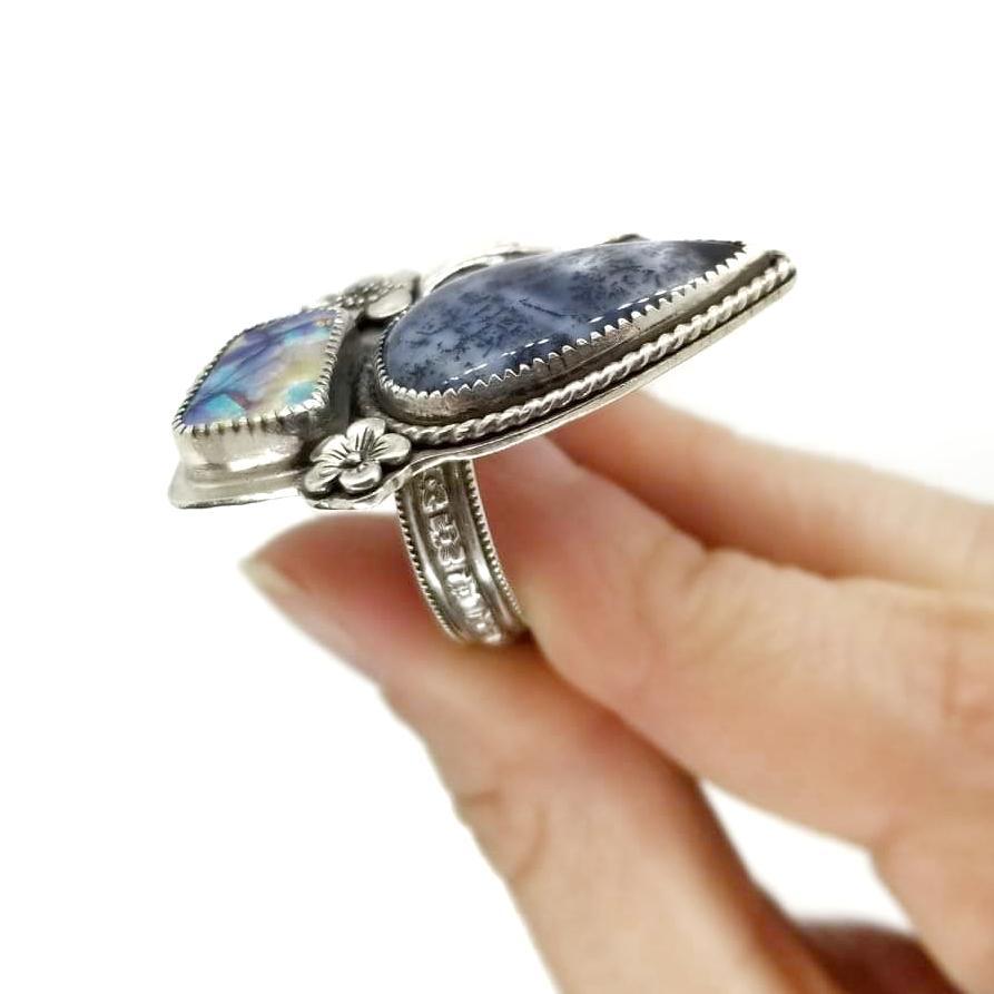 Ring - Size 9 - Dendritic Opal & Monarch Opal OOAK Sterling by Wanderlust Jewelry