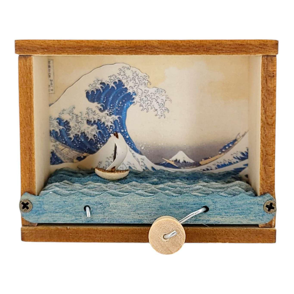 Kinetic Night Light - Illuminated Hand Cranked Wooden Great Wave Sailboat by Cartoon Monster