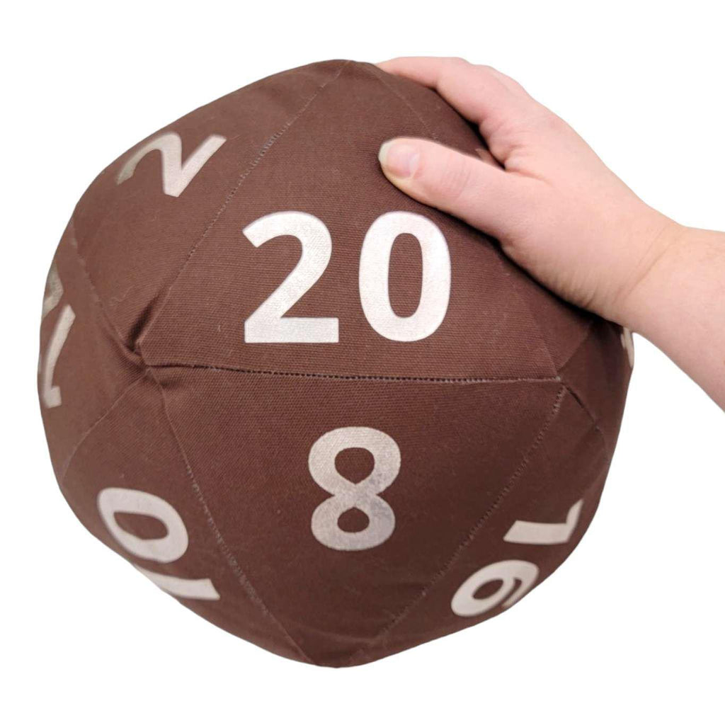 Pillow - Large D20 Plush in Brown Canvas with Silvery Pink Numbers by Saving Throw Pillows