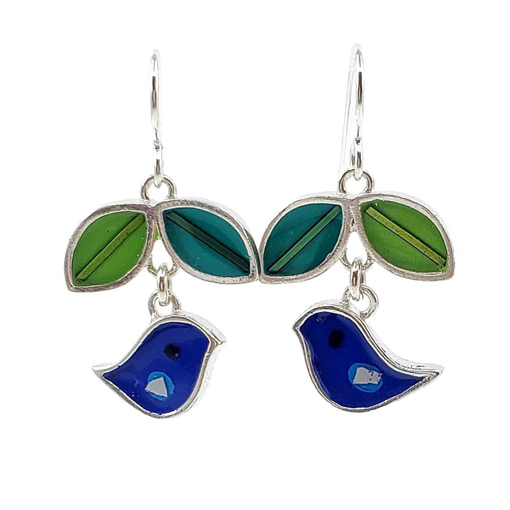 Earrings - Bird and Leaves (Dark Blue) by Happy Art Studio