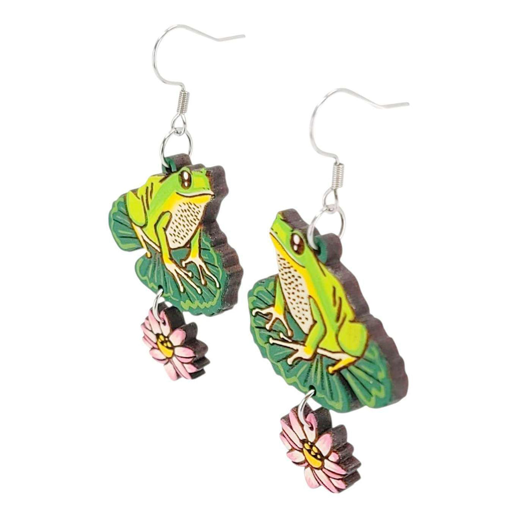 Earrings - Frog and Lily Pad (Silver French Hooks) by Fresh Cuttery