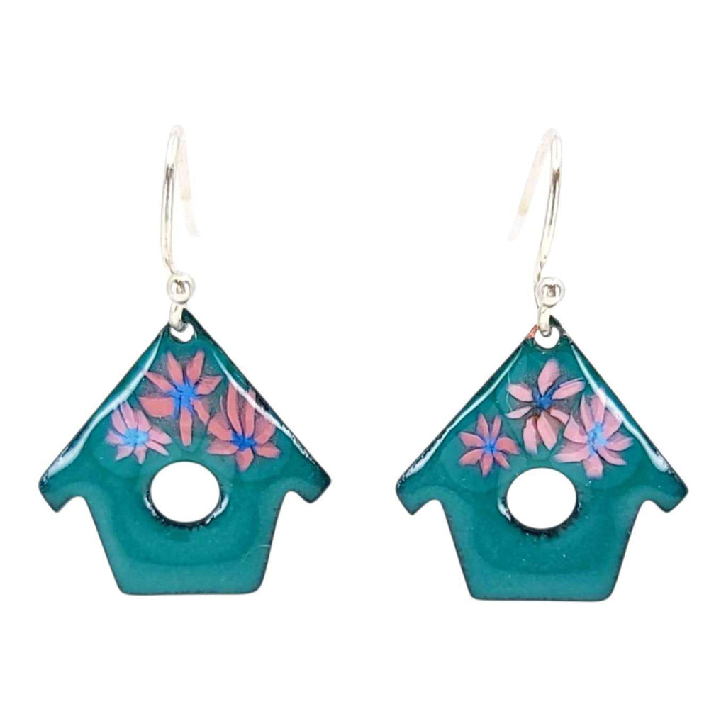 Earrings - Small House (Cadet Blue Pink Flowers) by Magpie Mouse Studios