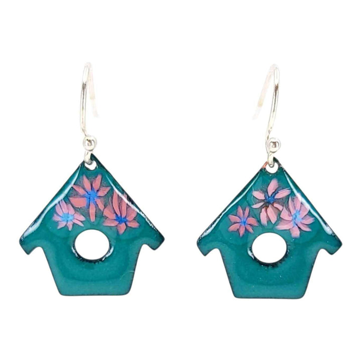 Earrings - Small House (Cadet Blue Pink Flowers) by Magpie Mouse Studios