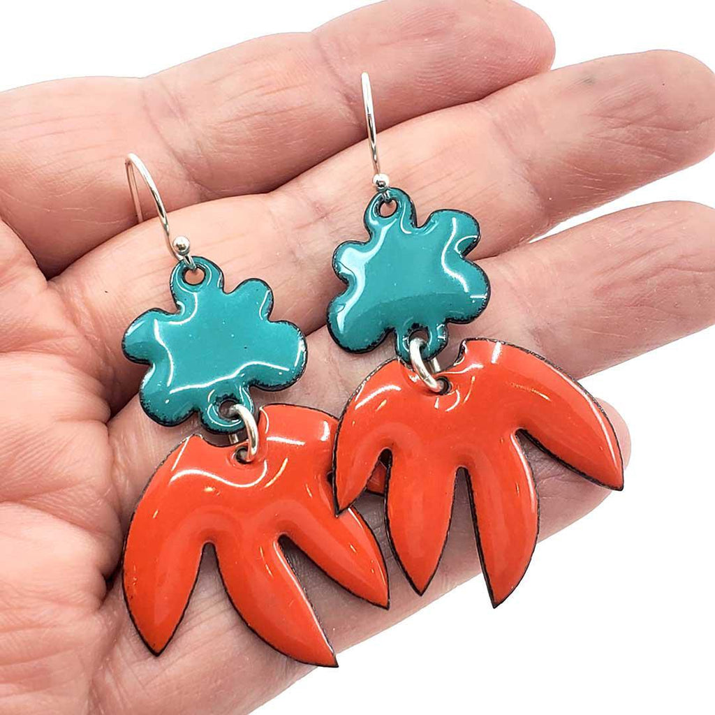 Earrings - Flower Pointy Leaf Dangle (Teal Orange) by Magpie Mouse Studios