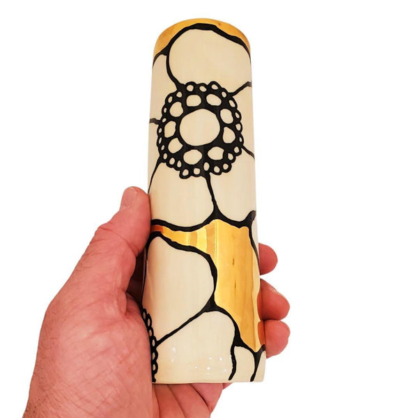 Vase - 6in Floral Cylinder with 22k Gold Background (C) by Hsieh Clay SF