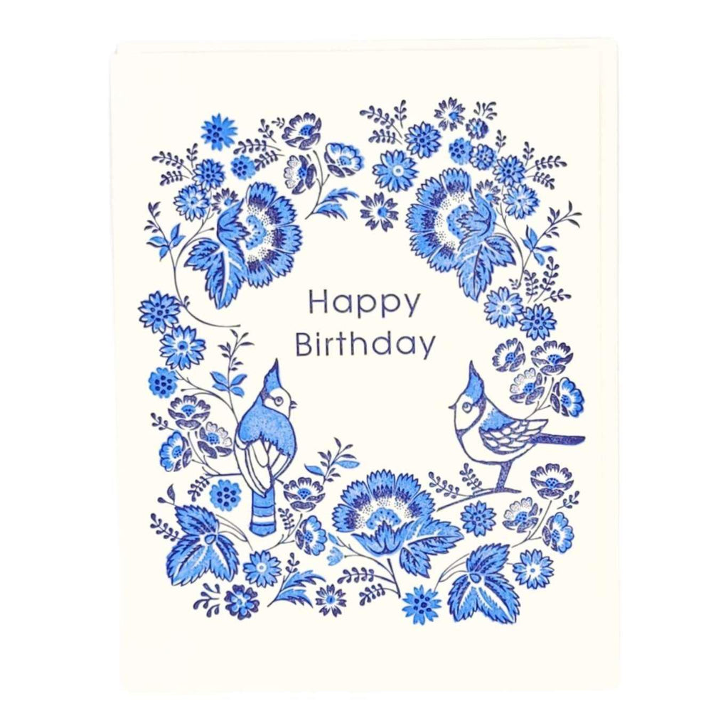 Card - Birthday - Blue Floral Birds Happy Birthday by Ilee Papergoods