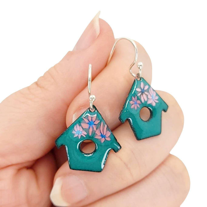 Earrings - Small House (Cadet Blue Pink Flowers) by Magpie Mouse Studios