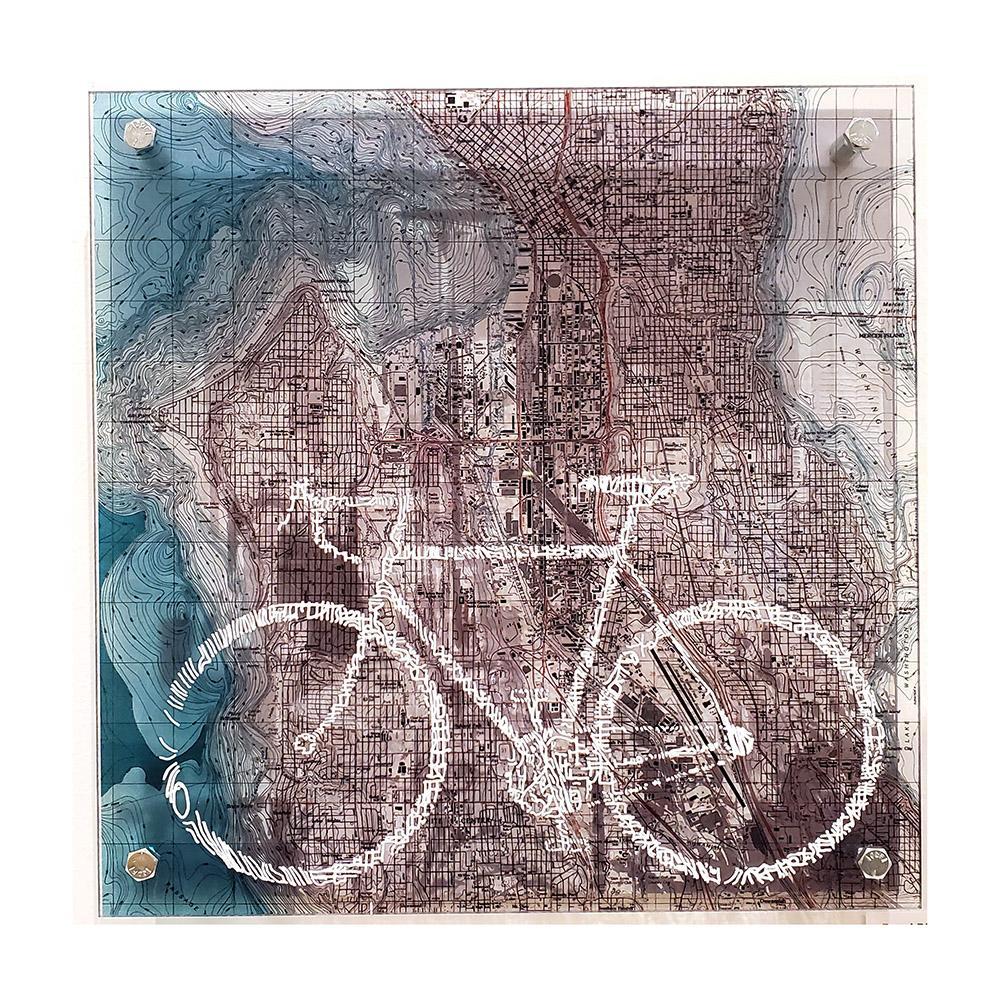 Wall Art - 12x12in - Road Bike Seattle Streets Floating Frame Map by Modern Terrain