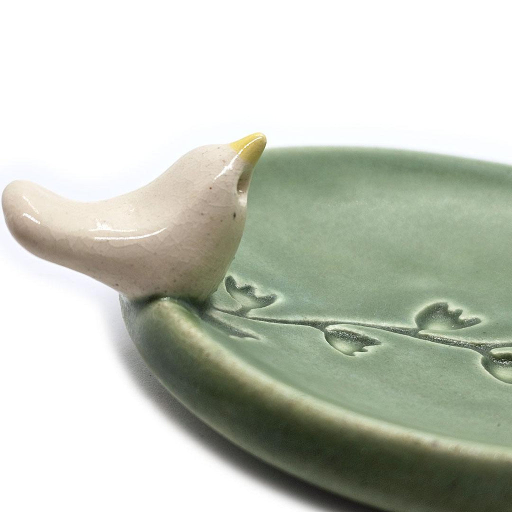 Oval Ring Dish - White Bird with Flowers (Green) by Tasha McKelvey