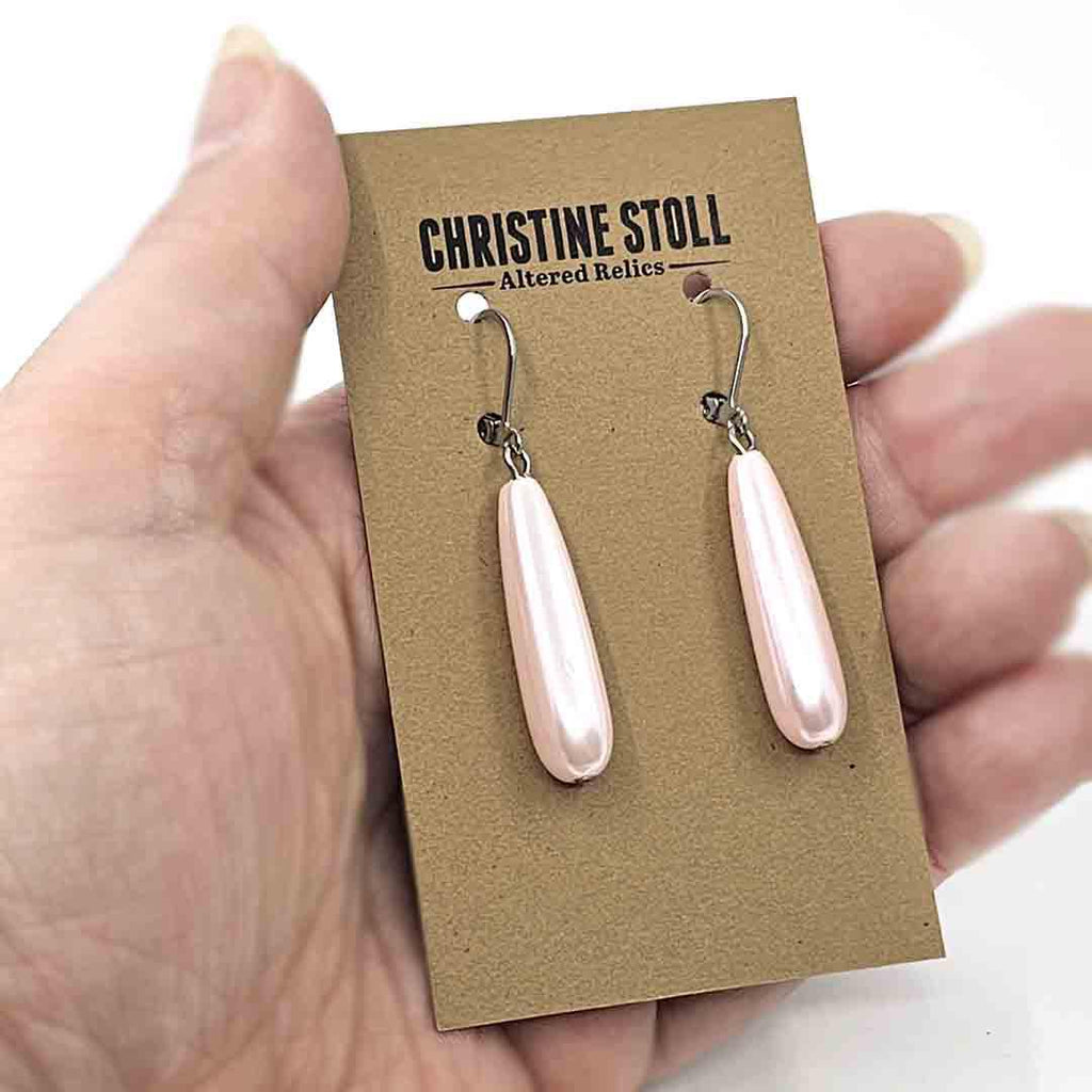 Earrings - Long Pearl Drops Soft Pink (Brass or Steel) by Christine Stoll | Altered Relics