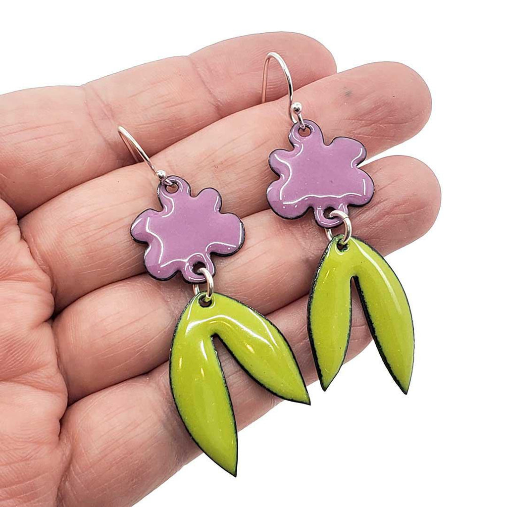 Earrings - Flower Leaves Dangle (Purple Lime Green) by Magpie Mouse Studios