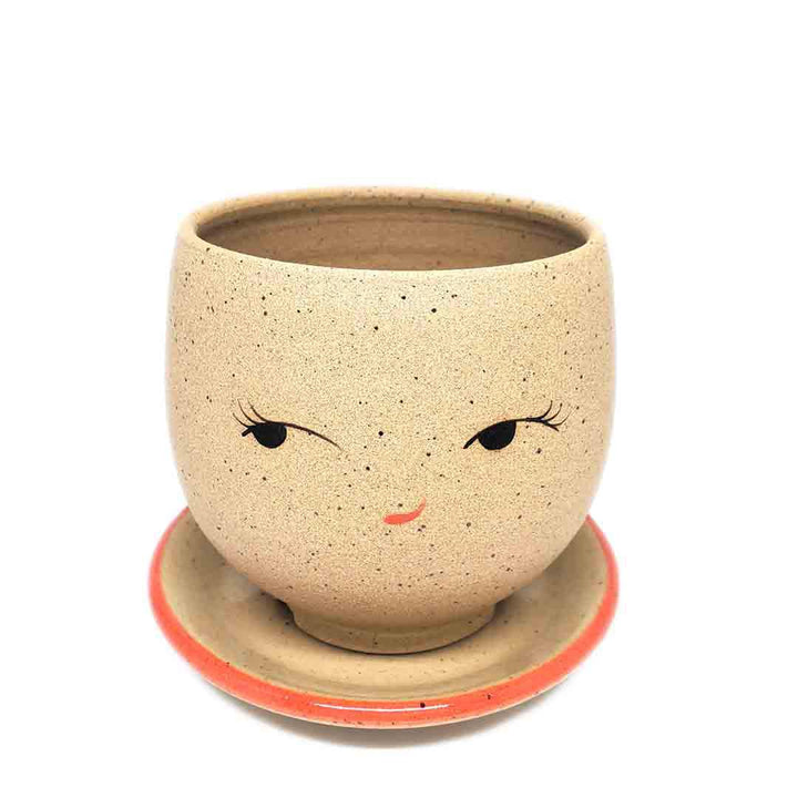 Planter - Coy Face (Red Saucer) by Jennifer Fujimoto