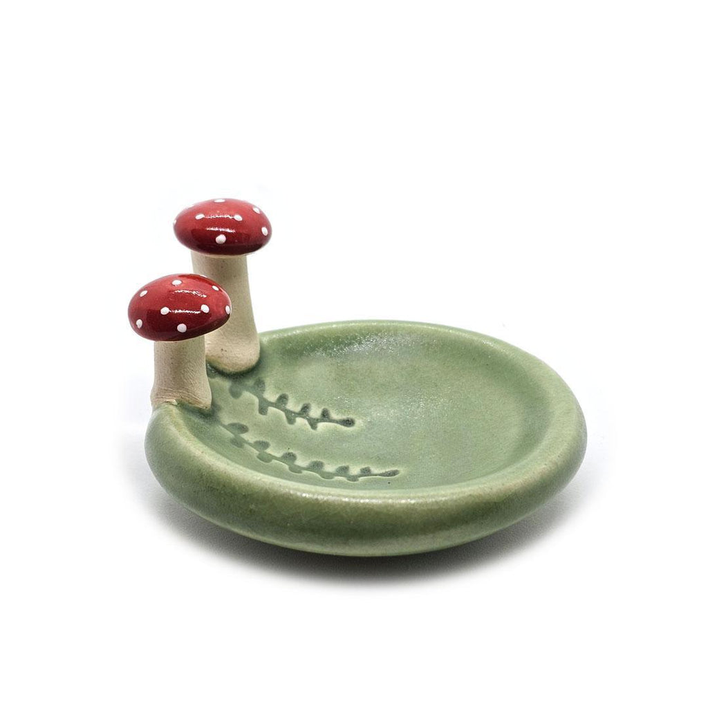 Round Ring Dish - Red Mushrooms and Fern Fronds (Small Green) by Tasha McKelvey