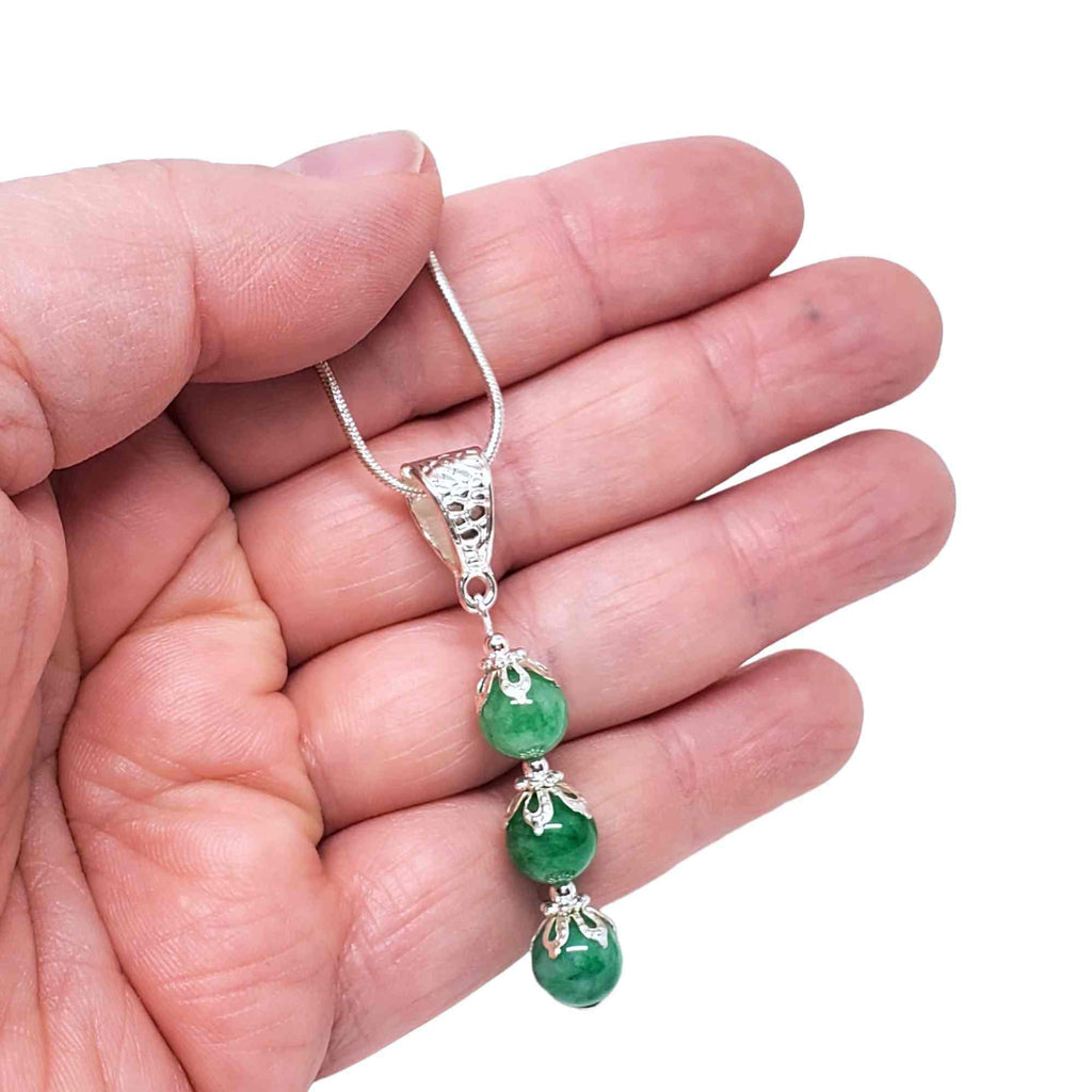 Necklace - Three Jade Bead Pendant Silver Plate Chain by Tiny Aloha