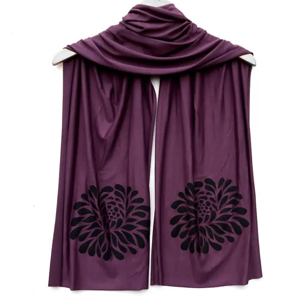 Scarf Wide - Dark Plum Chrysanthemum Print (Black Ink) by Windsparrow Studio