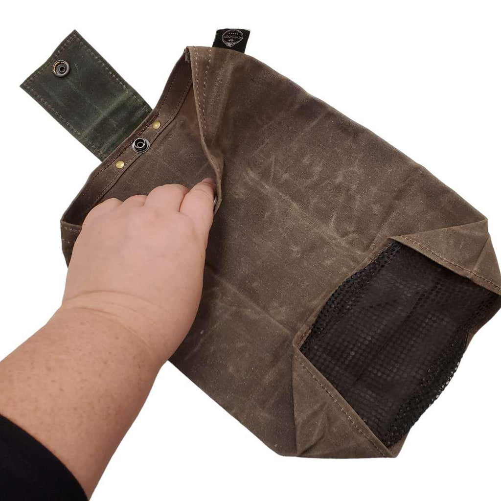 Bag - Mushroom Foraging Pouch - Waxed Canvas Brown/Green with Mesh by PNW Bushcraft