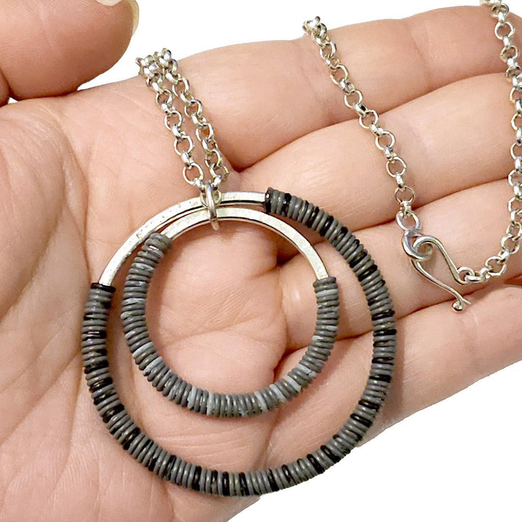 Necklace - Double Circle - Charcoal Gray Communication Wire by XV Studios