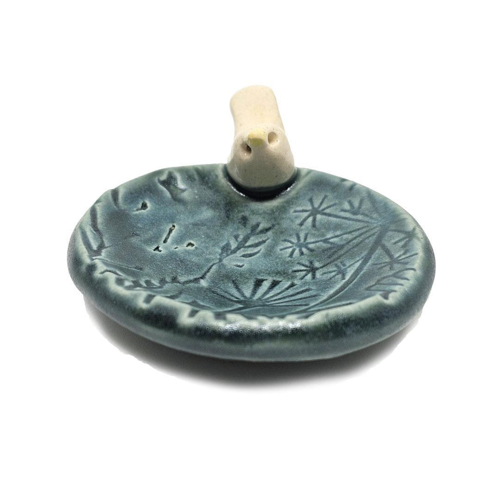 Round Ring Dish - White Bird Floral (Dark Teal Matte) by Tasha McKelvey