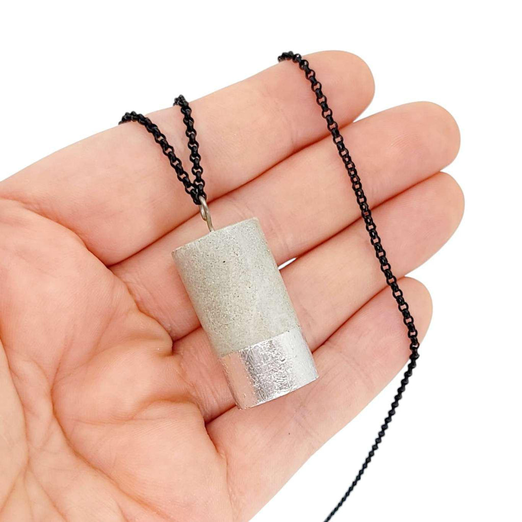 Necklace - Gilded Concrete Cylinder Pendant (Silver) by Studio Corbelle