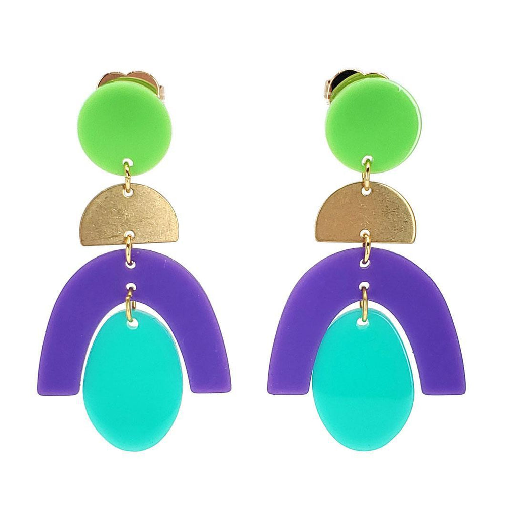 Earrings - Arch with Oval (Green & Purple) by Chubby Bunny
