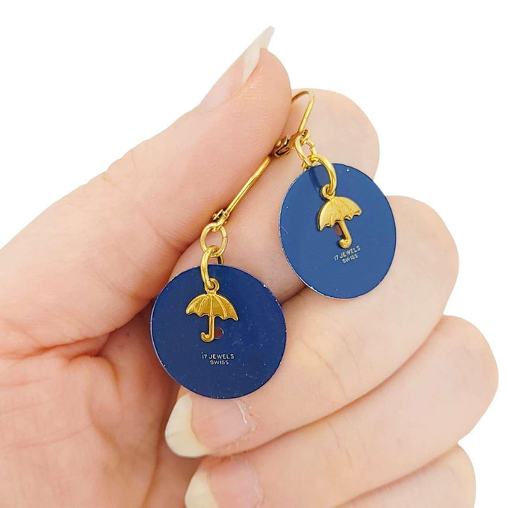 Earrings - Watch Dials - Gold Umbrella on Navy Round (GP Brass) by Christine Stoll