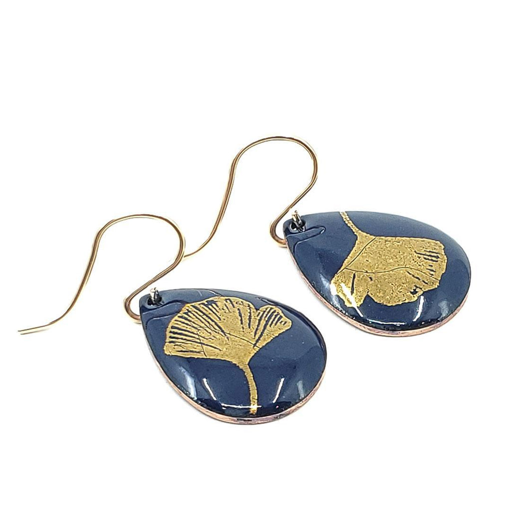 Earrings - Small Teardrop (Gold Ginkgo Leaf on Midnight Blue) by Magpie Mouse Studios