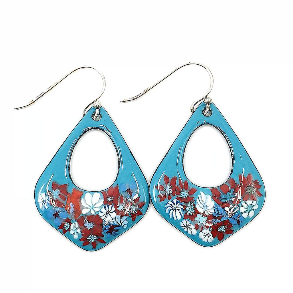 Earrings - Open Wide Drop (Red White Floral on Pacific Blue) by Magpie Mouse Studios