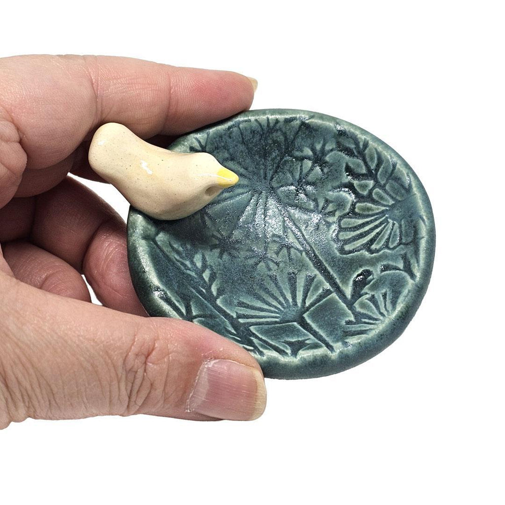 Round Ring Dish - White Bird Floral (Dark Teal Matte) by Tasha McKelvey