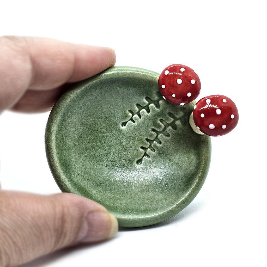 Round Ring Dish - Red Mushrooms and Fern Fronds (Small Green) by Tasha McKelvey