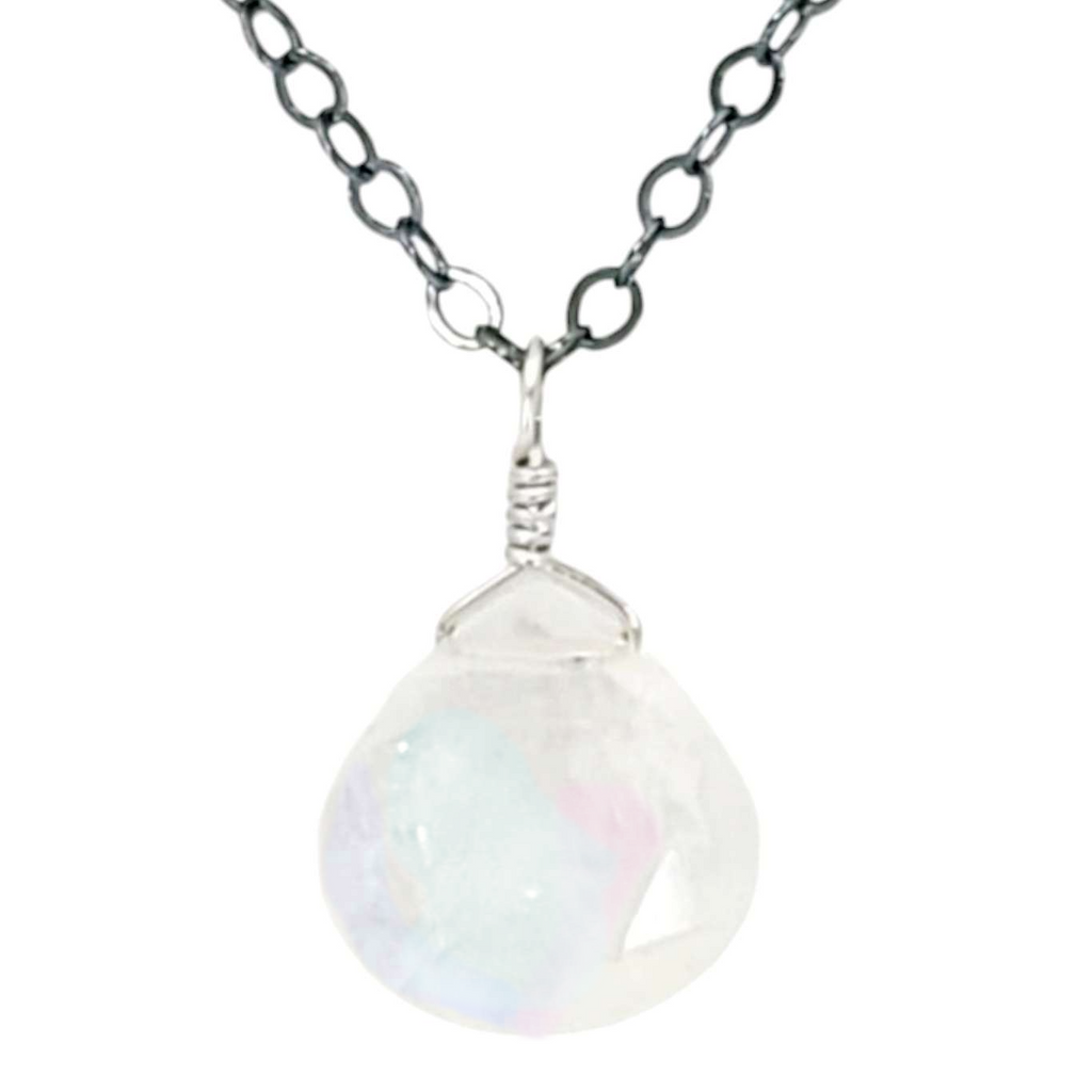 Necklace - Sterling Gemstone Drop (Rainbow Moonstone) by Foamy Wader