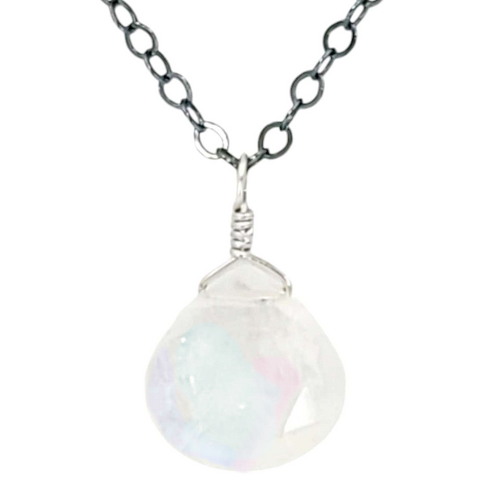 Necklace - Sterling Gemstone Drop (Rainbow Moonstone) by Foamy Wader